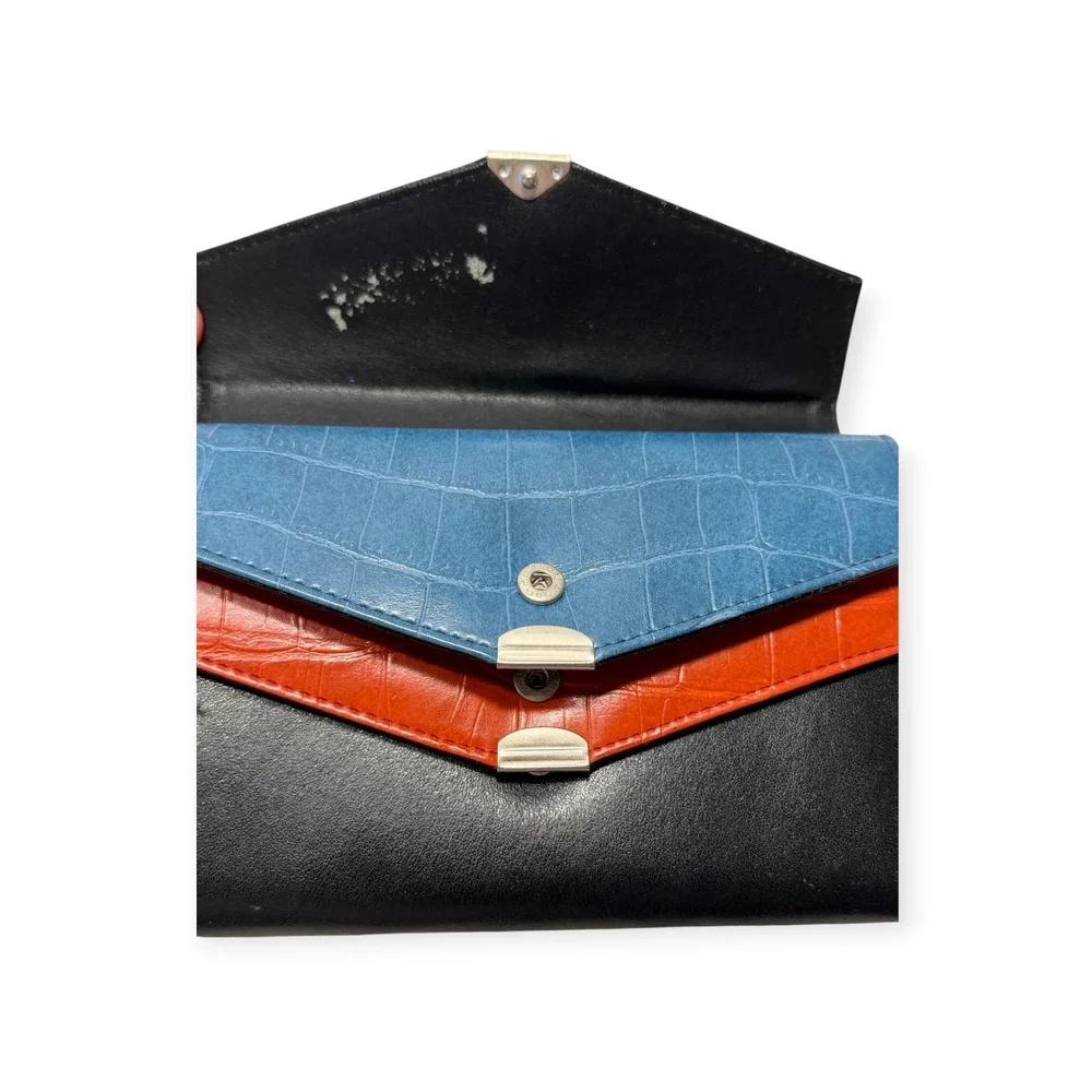 Samsonite Vintage Leather Wallet Y2K Tri-Color Croc Embossed Black Blue Orange